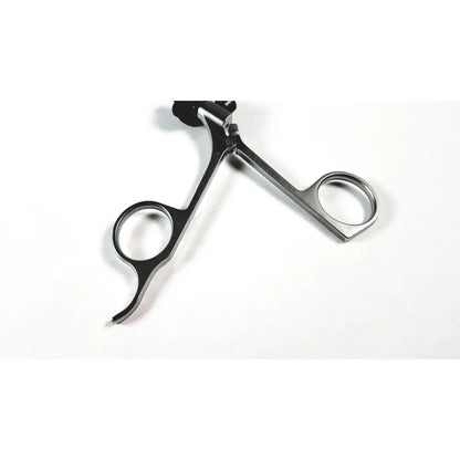 Black and silver karl storz clickline metal handle pistol grip surgical instrument with sleek metallic finish