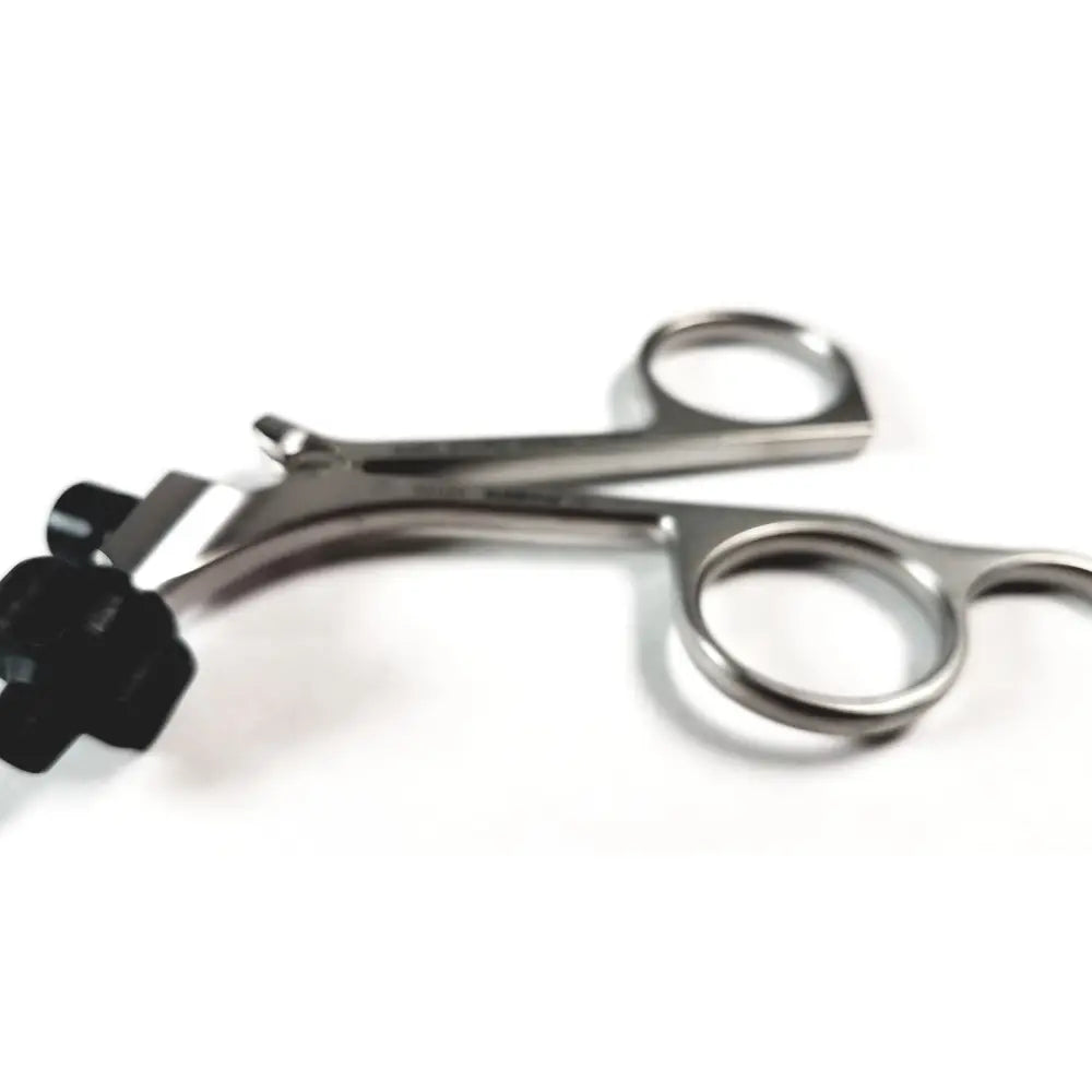 Silver-toned karl storz clickline metal handle surgical instrument with black ergonomic pistol grip and finger loops