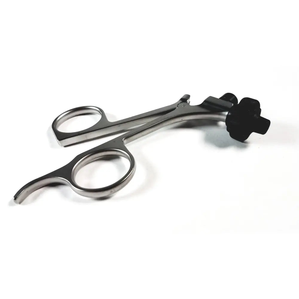 Karl storz clickline metal handle silver surgical forceps with black adjustment knob pistol grip instrument