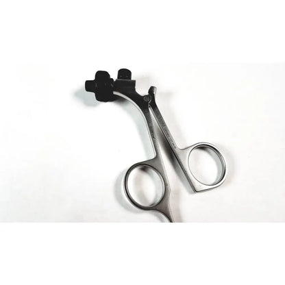 Silver surgical scissors with black ergonomic handles and Karl Storz engraved branding featuring clickline metal handle