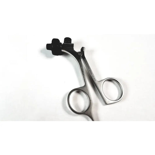 Silver surgical scissors with black ergonomic handles and Karl Storz engraved branding featuring clickline metal handle