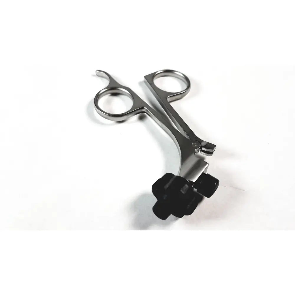 Stainless steel surgical forceps with black rubberized handles and locking mechanism featuring karl storz clickline metal handle