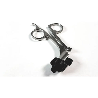 Stainless steel surgical forceps with black rubberized handles and locking mechanism featuring karl storz clickline metal handle