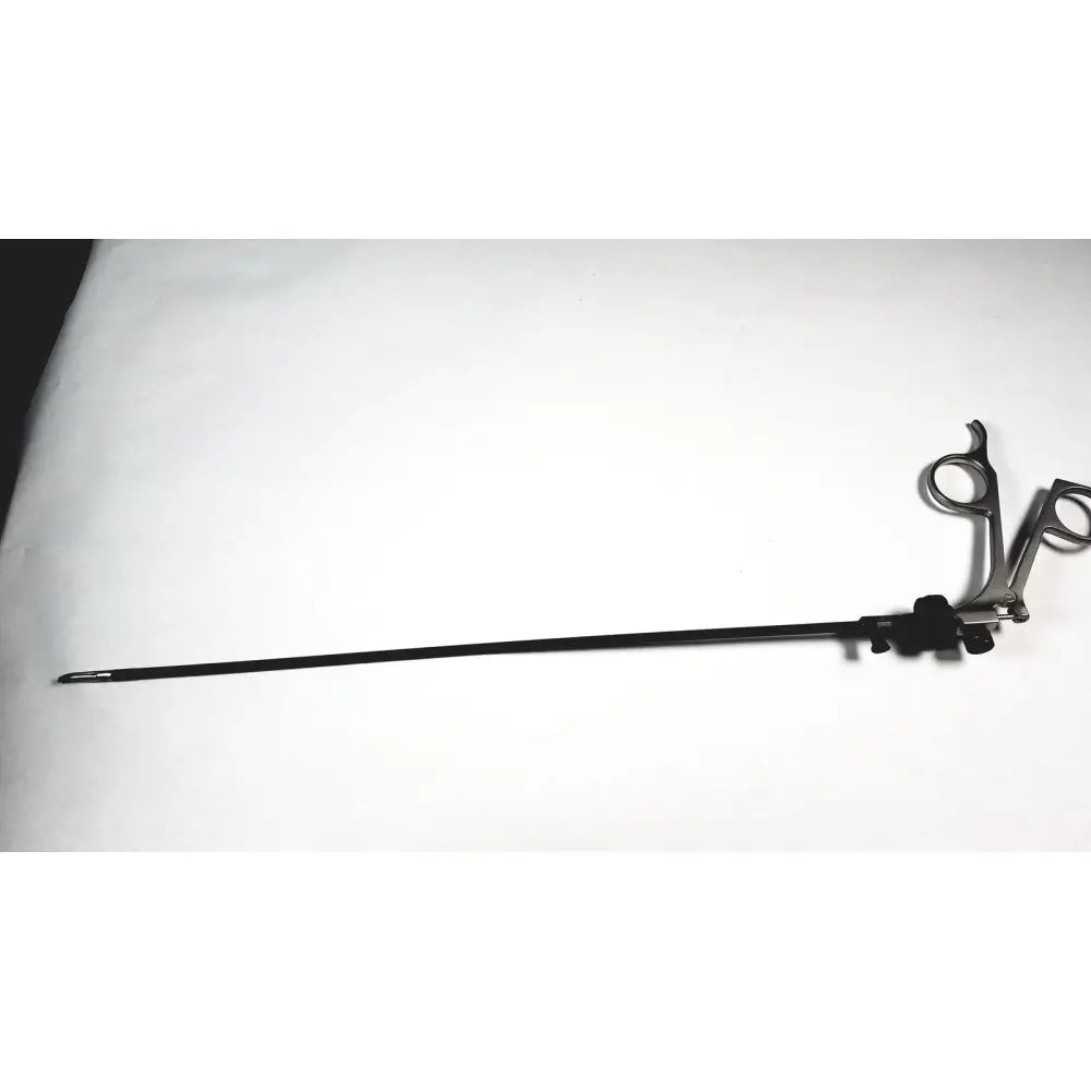 Black Karl Storz clickline bowel grasper laparoscopic instrument with long slender shaft and articulated handles