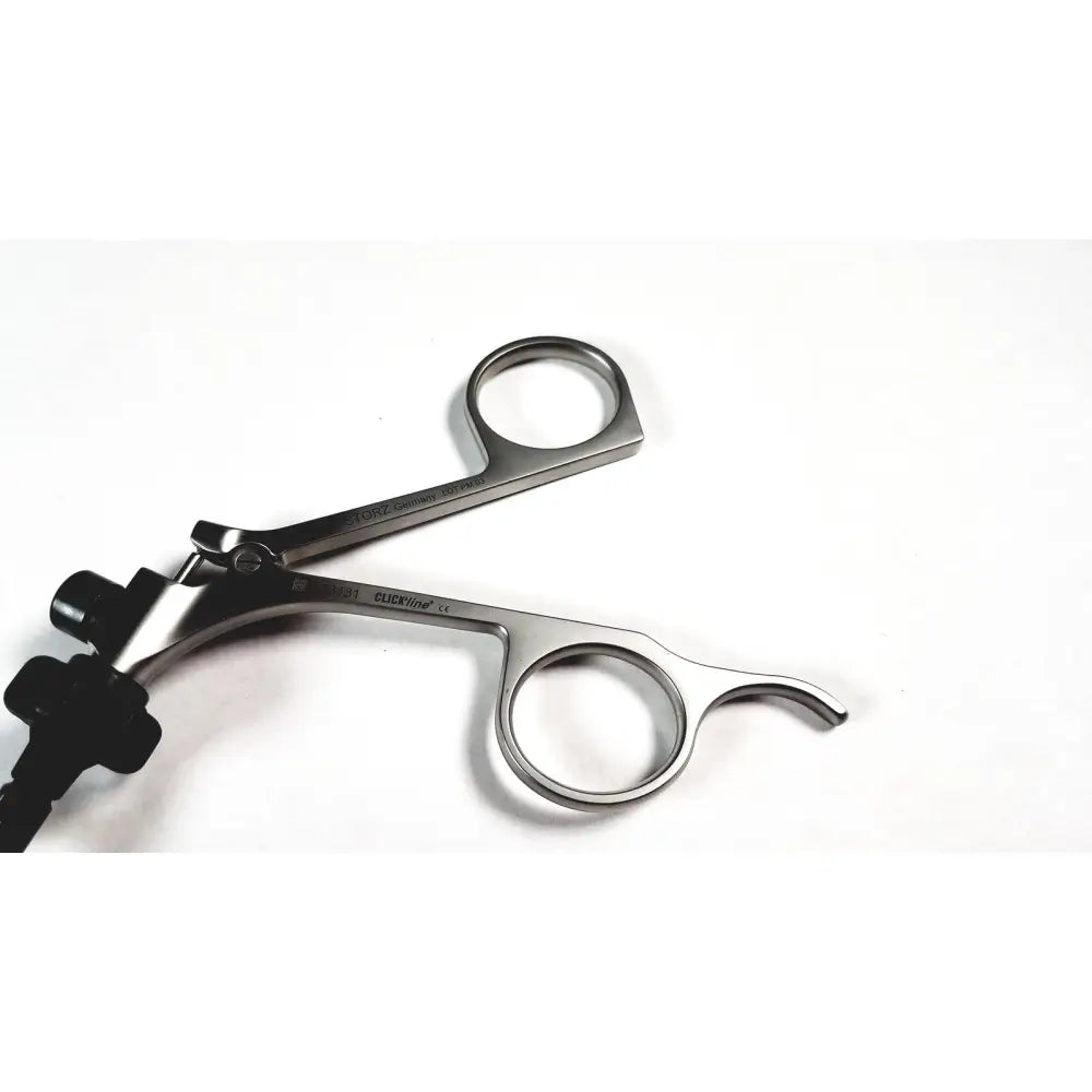 Silver surgical clickline bowel grasper with black ergonomic handles by karl storz for laparoscopic use
