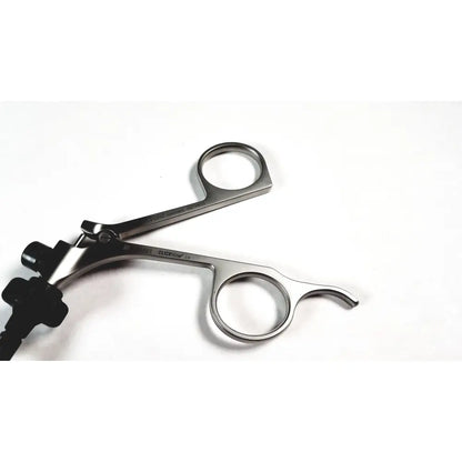 Silver surgical clickline bowel grasper with black ergonomic handles by karl storz for laparoscopic use