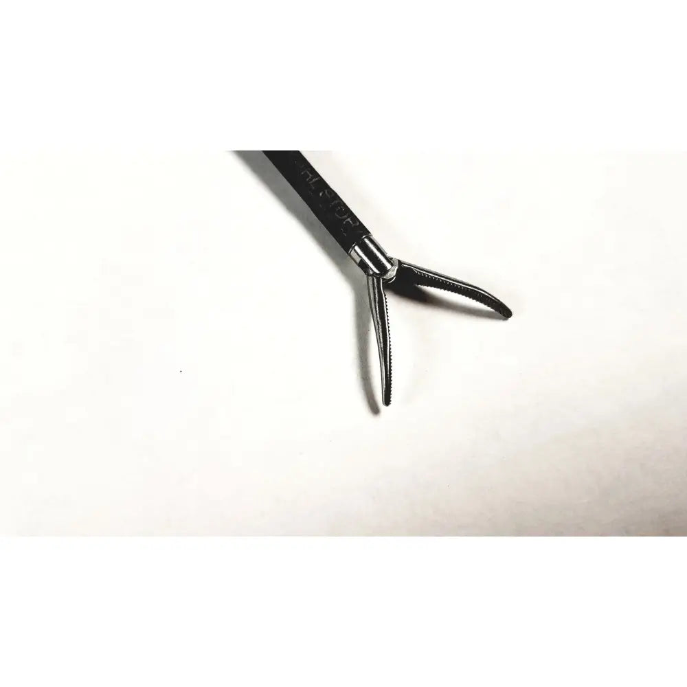 Black-handled karl storz clickline bowel grasper laparoscopic instrument with metallic serrated jaws for precise grasping