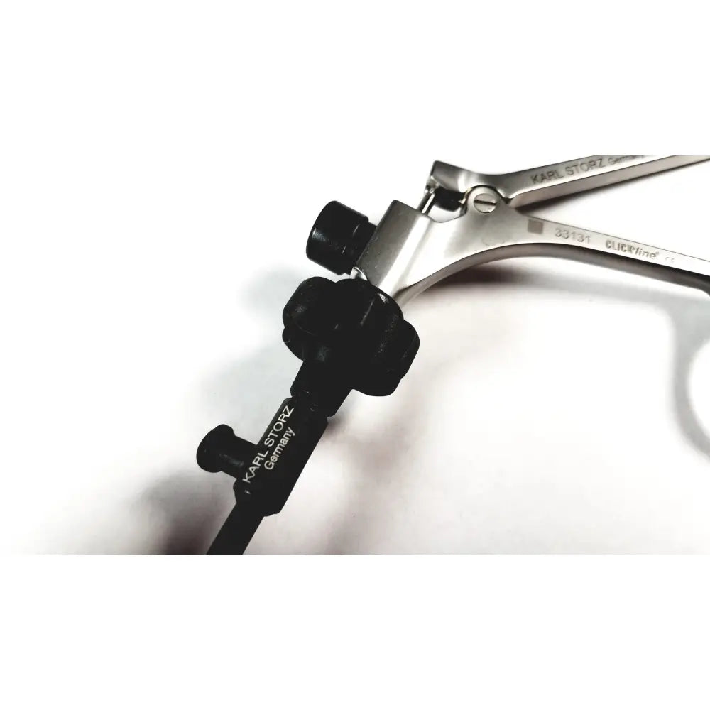 Karl storz clickline bowel grasper laparoscopic instrument with polished stainless steel handle and black ergonomic knobs