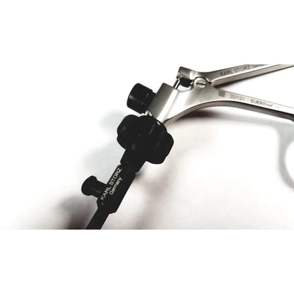 Karl storz clickline bowel grasper laparoscopic instrument with polished stainless steel handle and black ergonomic knobs