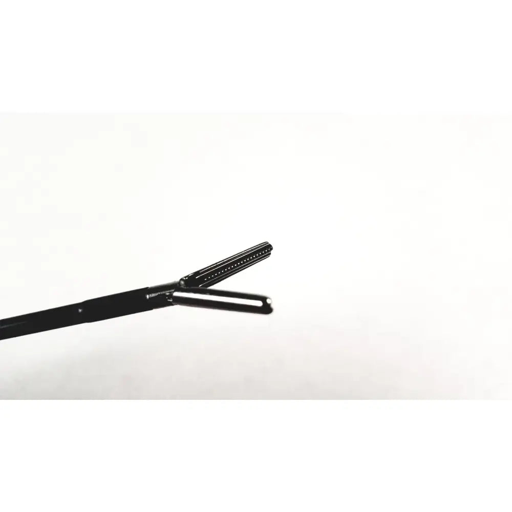 Black surgical forceps with metallic finish and serrated jaws for endoscopic use storz 33300mw clickline