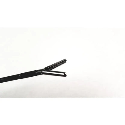 Black surgical forceps with metallic finish and serrated jaws for endoscopic use storz 33300mw clickline