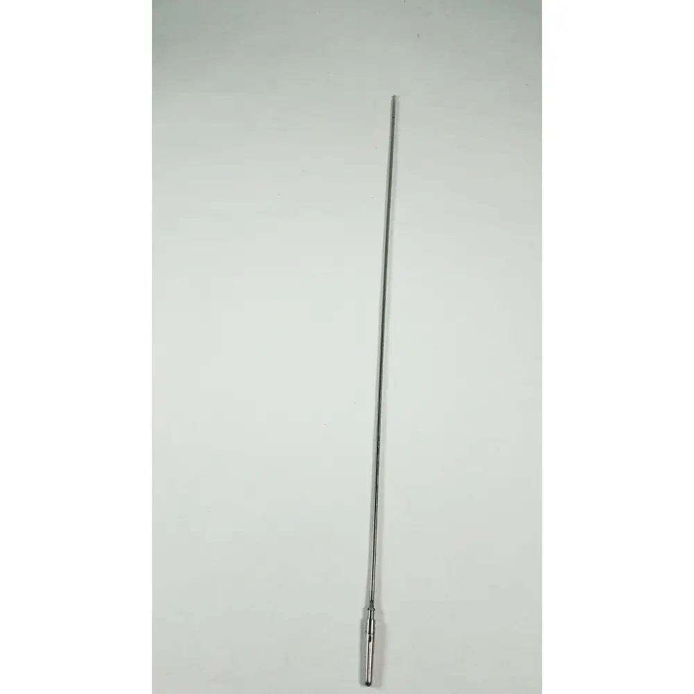 A sleek polished chrome karl storz clickline grasping insert surgical endoscopy instrument with a cylindrical base attachment