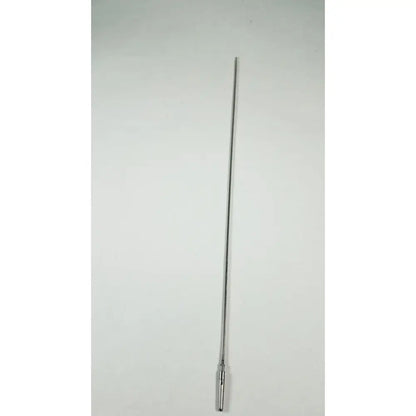 A sleek polished chrome karl storz clickline grasping insert surgical endoscopy instrument with a cylindrical base attachment