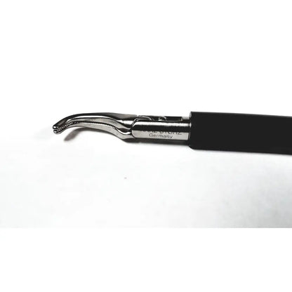Black-handled karl storz 33500 clickline shaft laparoscopic surgical instrument with polished serrated stainless steel tip