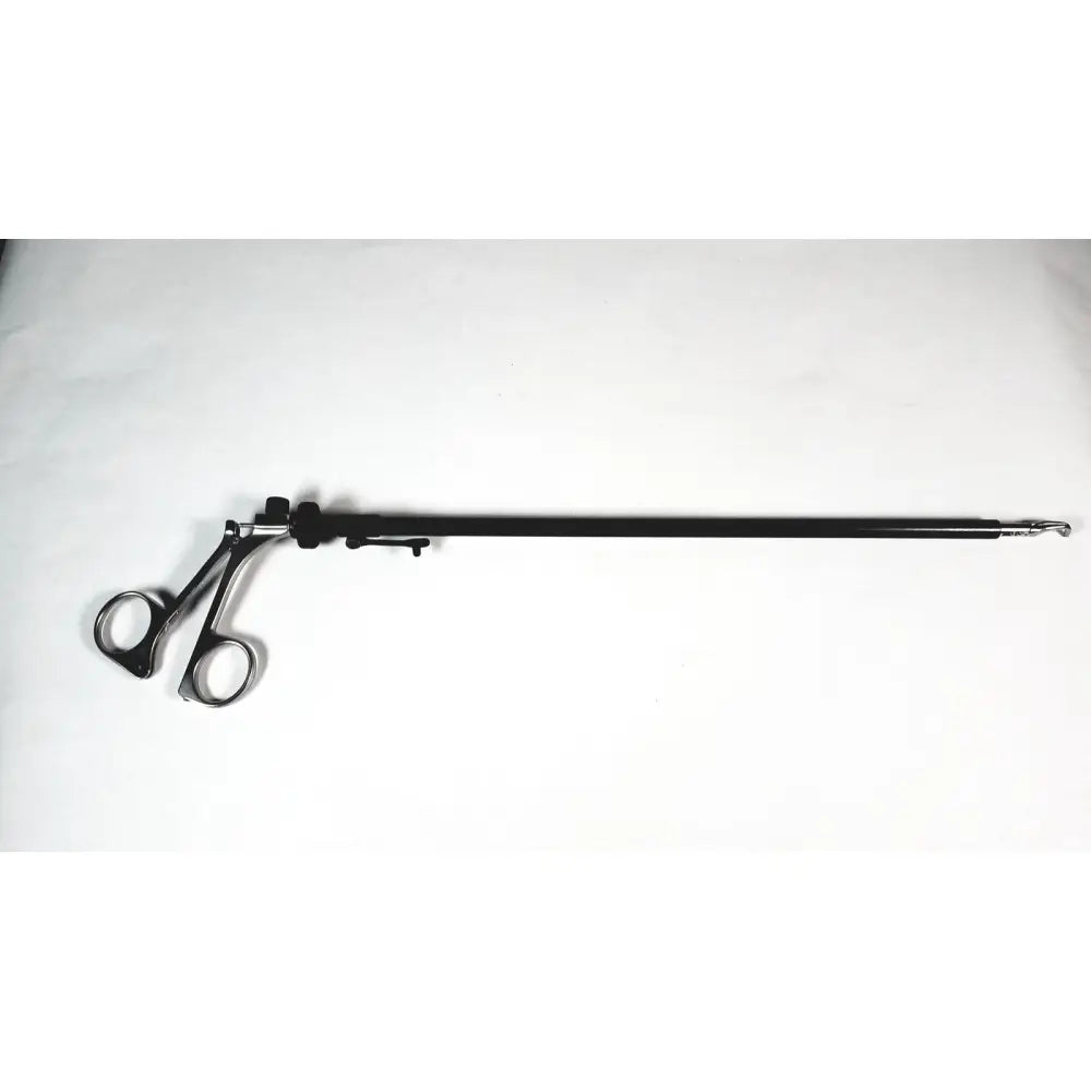 Black stainless karl storz clickline shaft laparoscopic surgical instrument with long slender shaft and dual circular handles