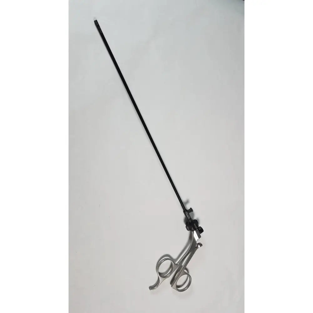 Silver karl storz clickline surgical instrument with long black shaft and articulated handle for precise control
