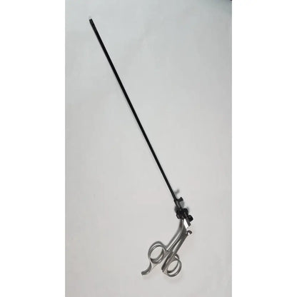 Silver karl storz clickline surgical instrument with long black shaft and articulated handle for precise control