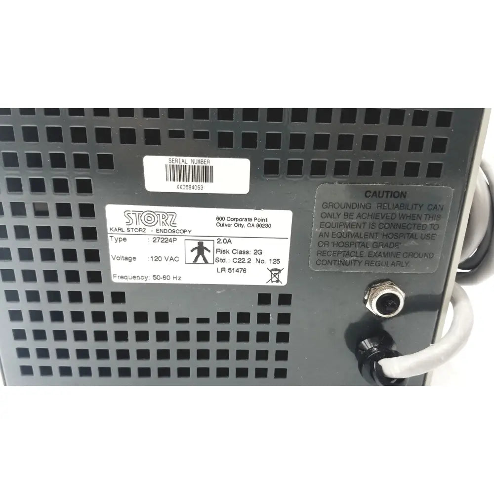Black storz 2722ap endoscopy device with perforated metal casing and labeled specifications in karl storz endoscopy 27224p pump