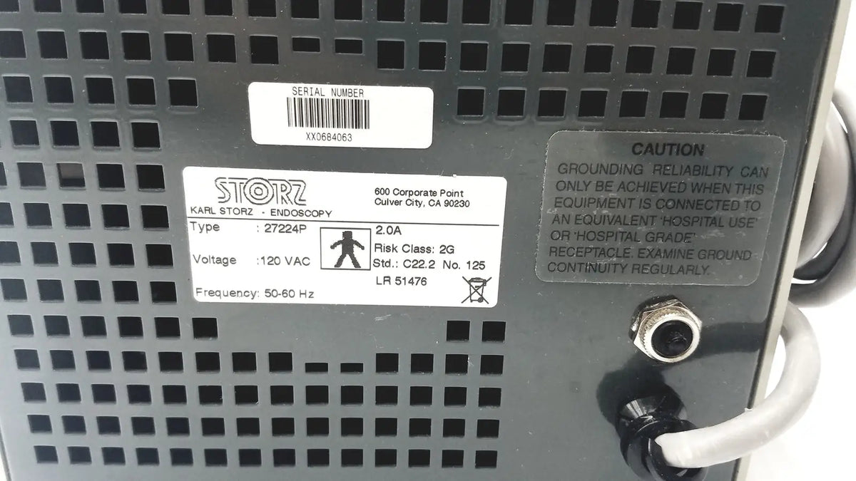 Black storz 2722ap endoscopy device with perforated metal casing and labeled specifications in karl storz endoscopy 27224p pump