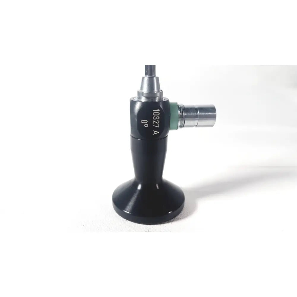 Black karl storz hopkins 10327 a 0 degree arthroscope with silver metallic joints and green accent ring