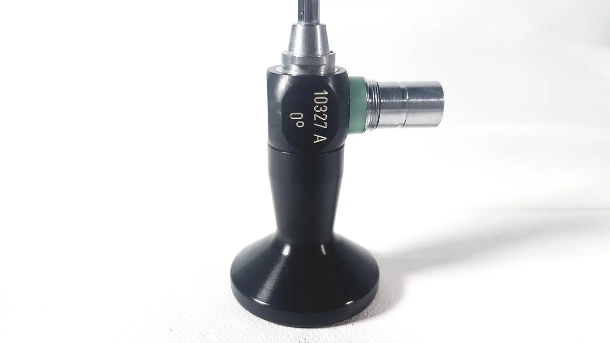Black karl storz hopkins 10327 a 0 degree arthroscope with silver metallic joints and green accent ring