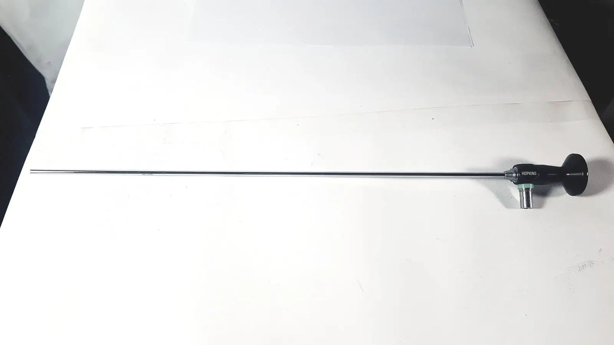 Black-handled karl storz hopkins 10327 A 0 degree arthroscope with long slender metallic shaft for surgical use