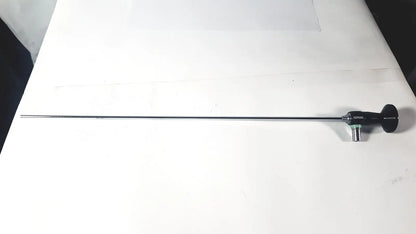 Black-handled karl storz hopkins 10327 A 0 degree arthroscope with long slender metallic shaft for surgical use