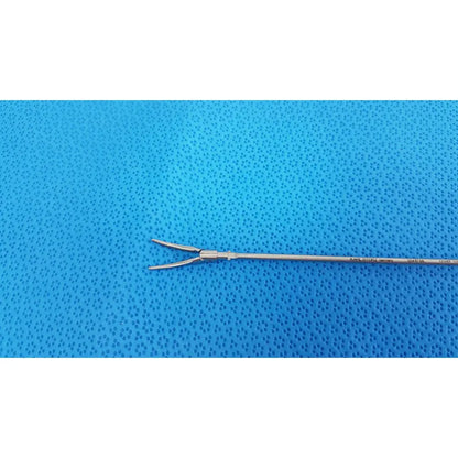 Silver surgical instrument with slender shaft and curved prongs for precision use karl storz laparoscopic grasper model 33410ML