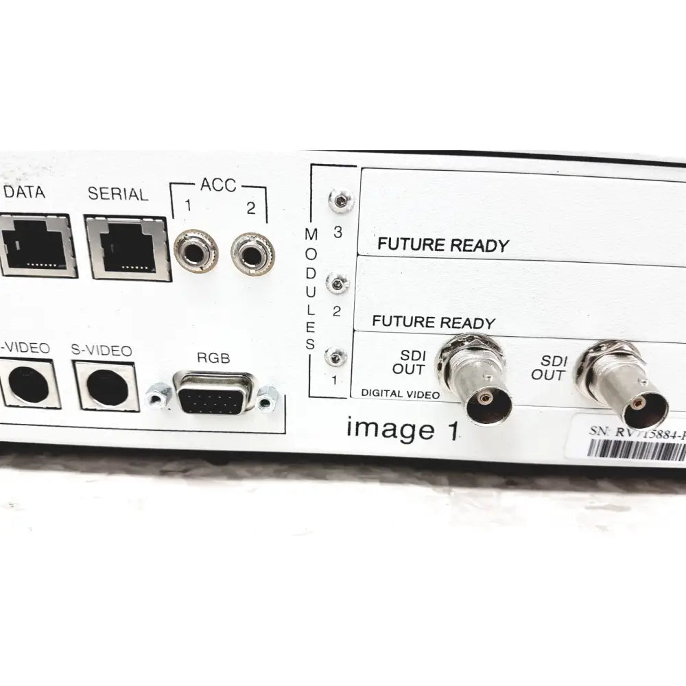 Back side of white karl storz scb image 1 hub 222000-20 endoscope camera control unit with multiple ports including ethernet sdi and rgb