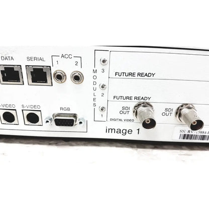 Back side of white karl storz scb image 1 hub 222000-20 endoscope camera control unit with multiple ports including ethernet sdi and rgb