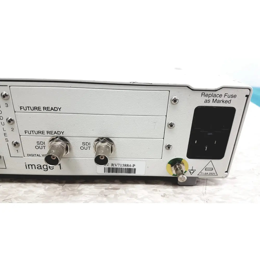 White professional video switcher back side with two sdi out ports and fuse input for karl storz scb image 1 hub