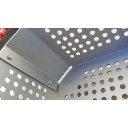 Silver perforated metal colander with circular holes and stamped model number for karl storz sterilization container case