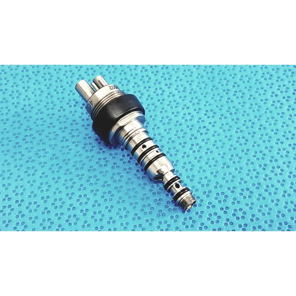 Silver metallic hydraulic pump valve with black rubber seals and threaded ends for kavo 460 led multiflex lux dental connector