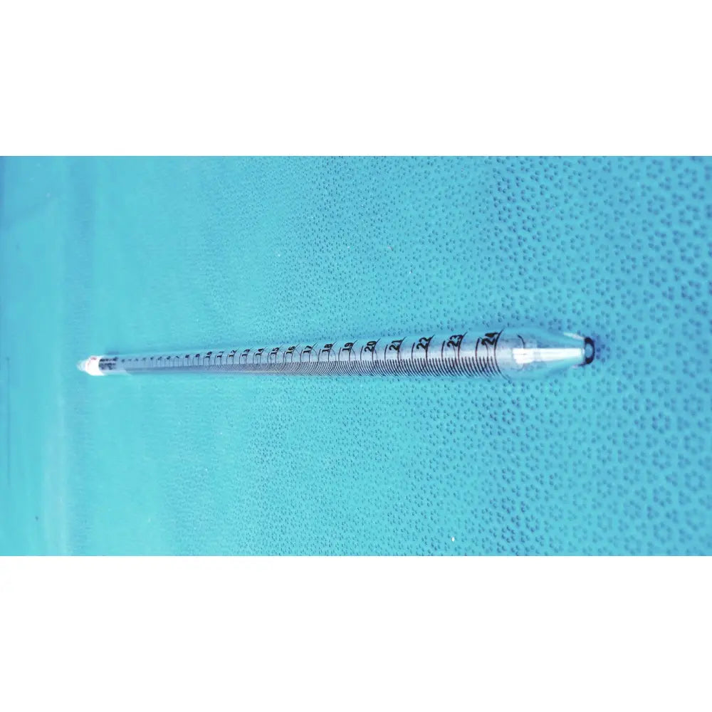 Clear glass hydrometer with black calibration markings and weighted bulb for kimax 25ml and glass mohr measuring use