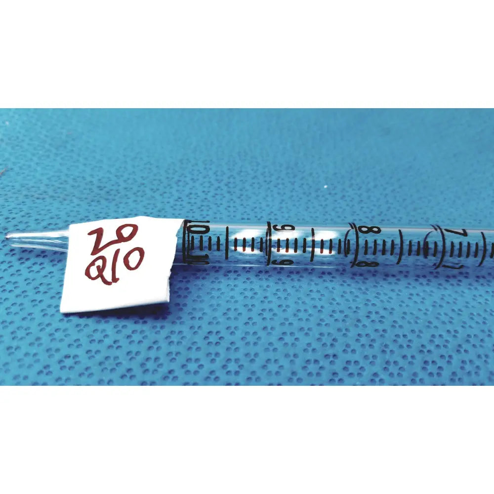 Clear plastic 10ml glass measuring pipette borosilicate with black markings and white label for precise lab use