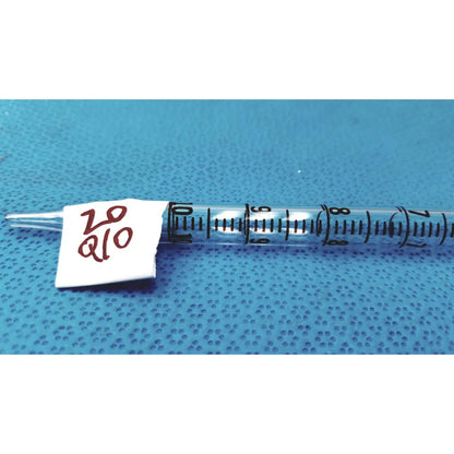 Clear plastic 10ml glass measuring pipette borosilicate with black markings and white label for precise lab use