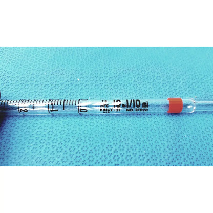 Clear 10ml glass measuring pipette kimble kimax-51 made of borosilicate with black markings and orange cap for lab use