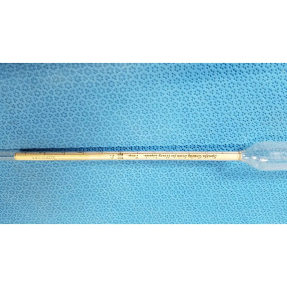 A clear glass specific gravity hydrometer with yellowish gravity hydrometer scale for light liquids temp 60°/60°F