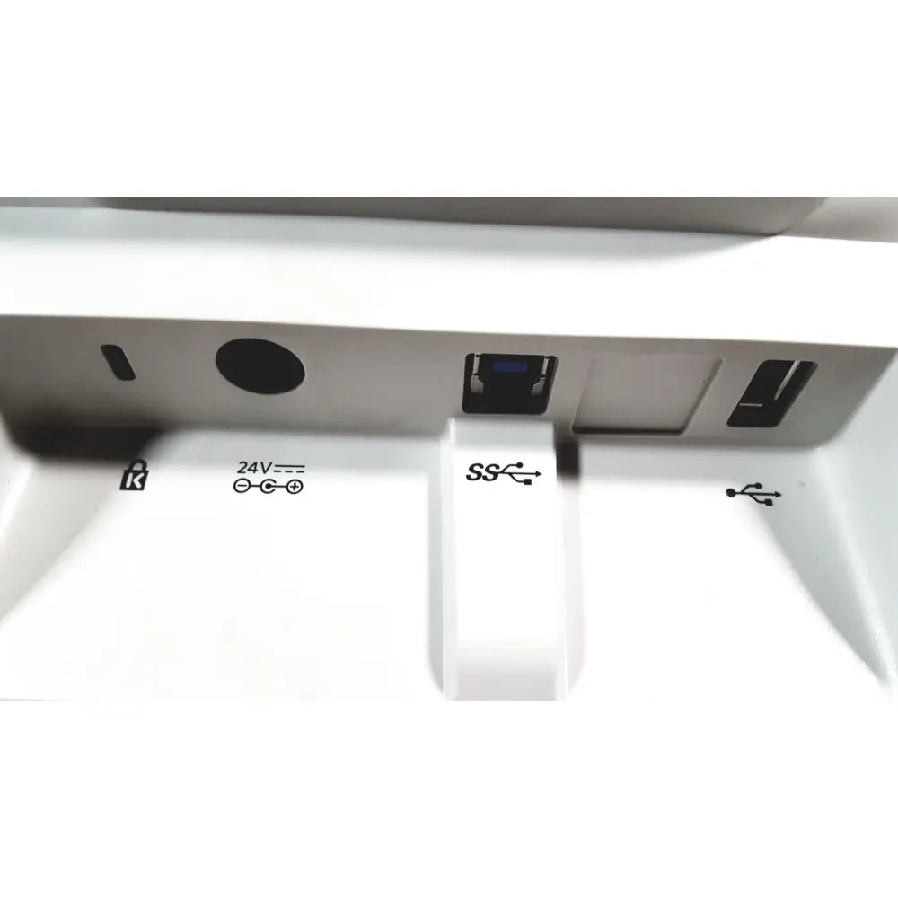 Back side of white plastic kodak alaris s2070 high speed document passthrough scanner showing multiple ports including usb-c ss and 24v input