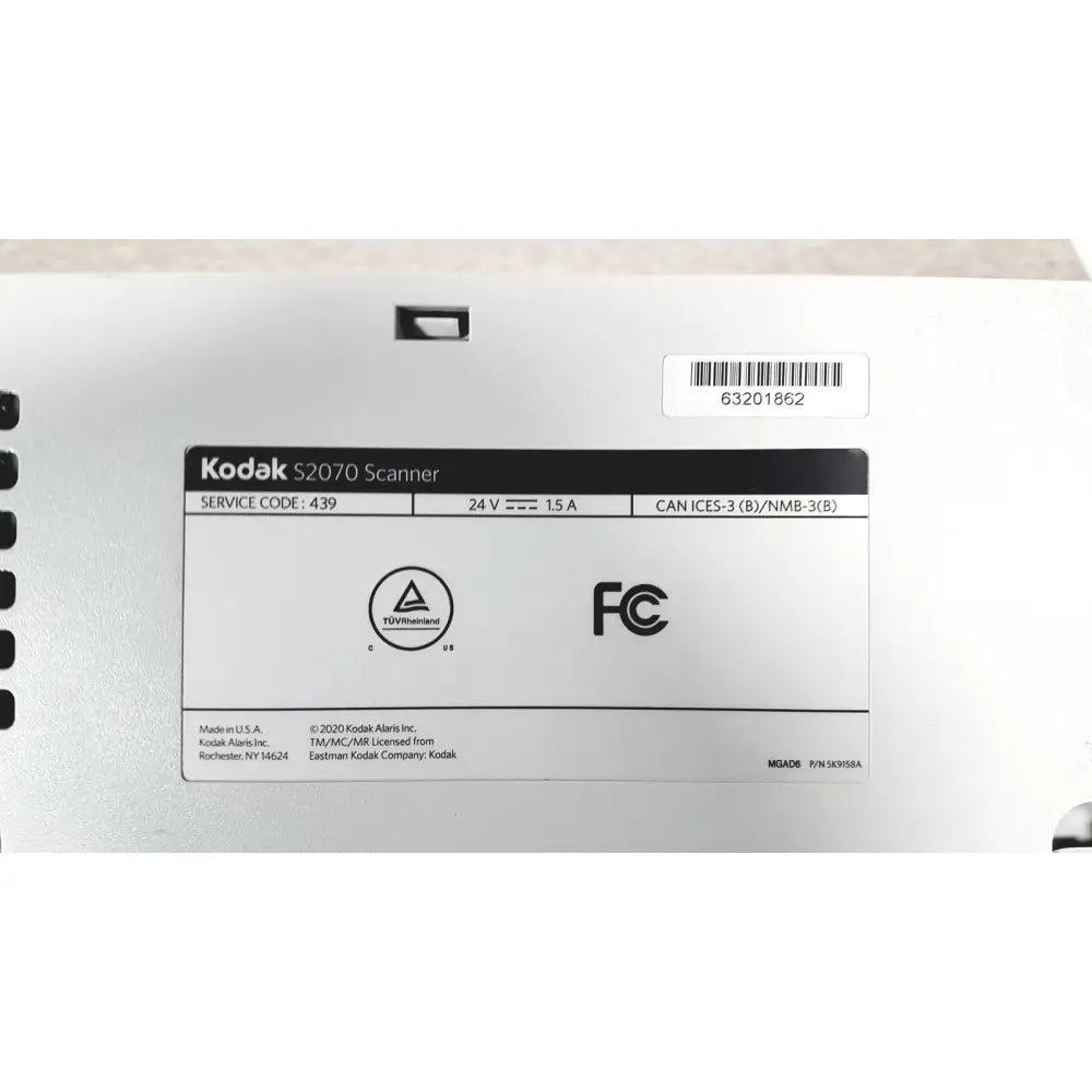 White Kodak Alaris S2070 high speed document passthrough scanner label with black text and logos visible on the device