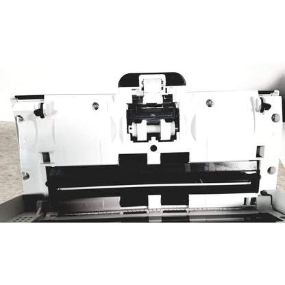 White plastic kodak alaris s2070 high speed document passthrough scanner with black internal components and rollers