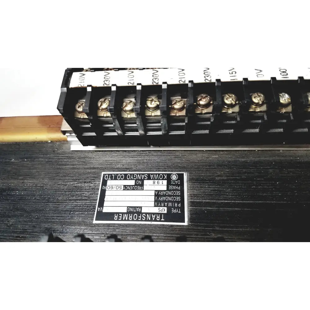 Black rectangular kowa sangyo power transformers label with white text and logo displaying technical specifications
