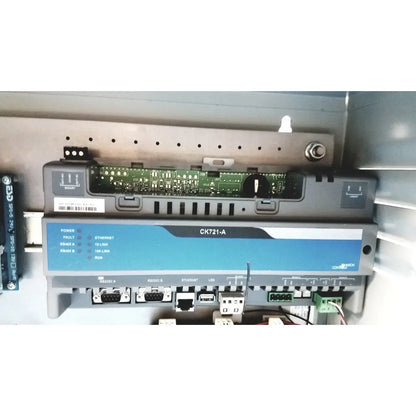 Gray and blue industrial network switch ck721-a with multiple ports and indicator lights for kryptonite cmt22a access control system