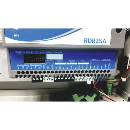 Gray and blue industrial control panel labeled rdr2sa with digital display and wiring for kryptonite cmt22a access control system