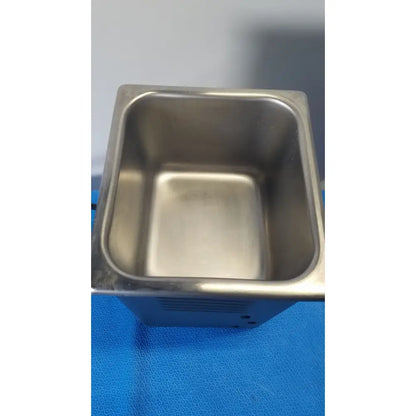 Stainless steel square quantrex q90 ultrasonic cleaner tabletop tank with sleek reflective interior and raised edges