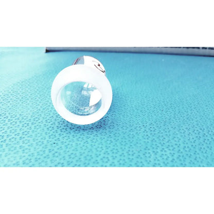 White plastic lab spherical joint lens cap with clear circular opening and small black smiley face for glass stoppers