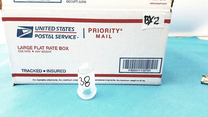 Clear plastic container with black number 38 printed on side for lab spherical joint glass stoppers storage