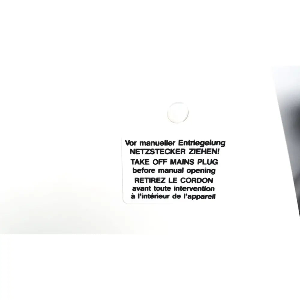 White rectangular label with black text in three languages instructing mains plug removal before manual opening on labnet hermle z 200 a centrifuge back side for reuse medical equipment
