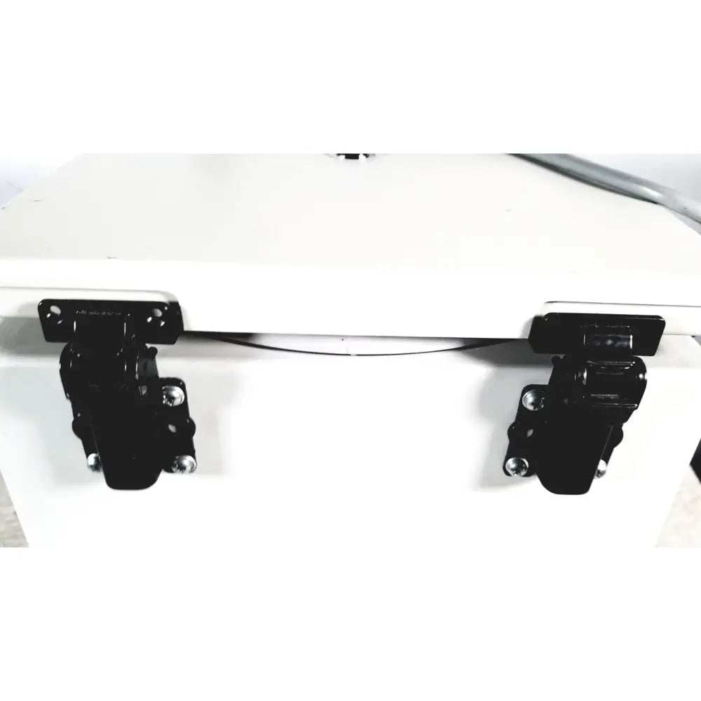 Black metal latches on white cooler of labnet hermle z 200 a centrifuge for reuse medical applications