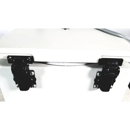Black metal latches on white cooler of labnet hermle z 200 a centrifuge for reuse medical applications